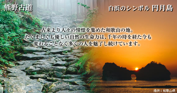 熊野古道。白浜のシンボル円月島。古来より人々の憧憬を集めた和歌山の地。たくましくも優しい自然の生命力は、千年の時を経た今も、変わることなく多くの人を魅了し続けています。